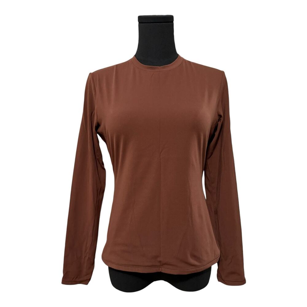 Pumiey Long Sleeve Shirt Stretchy Performance Top Crewneck Basics Brown Large